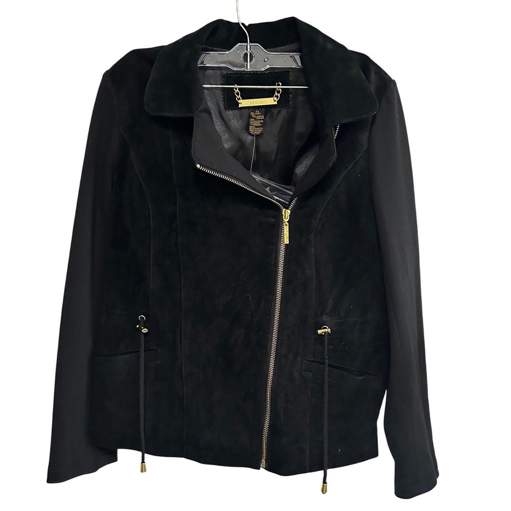 Iman Global Chic Platinum Black Suede Leather Moto Jacket with Scarf NWT Size XS